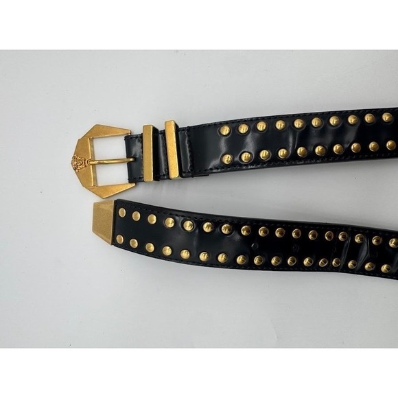 Versace Accessories - Versace Black Leather Studded Belt Gold Medusa Head Geometric Buckle Waist Belt